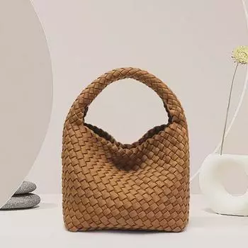 Тканая сумка через плечо в стиле ретро «Мать и дитя» — вместительный дизайн в форме ведра коричневый