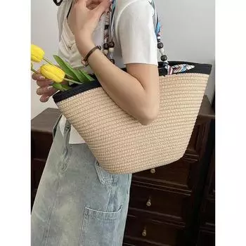 Тканая сумка из травы, 2024, универсальная женская тканая сумка большой вместимости, повседневная сумка на плечо из хлопка с веревкой, новая сумка для пляжного отдыха