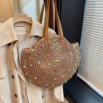 Тканая сумка из травы, Тканая сумка, конфеты в цветной горошек, сумка через плечо с жемчугом, сумка через плечо, женская сумка, пляжная сумка, сумка для туризма и отдыха