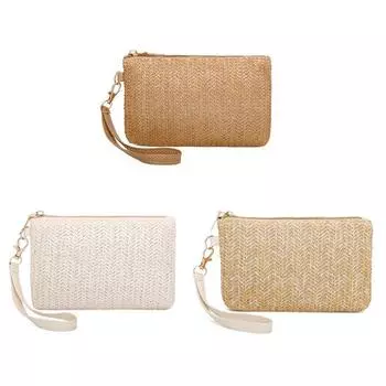 Тканая сумка, модный женский браслет, клатч, женский простой соломенный мешок, держатель для монет и денег, чехол для мобильного телефона, пляжный кошелек кофейный