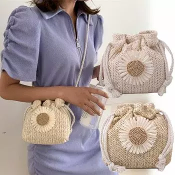 Тканая сумка на плечо ручной работы в богемном стиле с подсолнухом, пляжная сумка для летних каникул, винтажная сумка на плечо для девочек бежевый