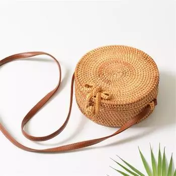 Тканая сумка с круглой пряжкой-бабочкой, соломенные сумки на ремне из ротанга Bohemia Beach 20*8cm