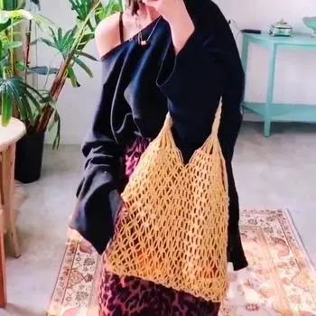Тканая сумка, сетчатая веревка, плетение завязок, сетчатая полая соломенная сумка без подкладки, сетчатая сумка на плечо 35*40cm бежевый