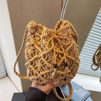 Тканая сумка в лесном стиле, полая сумка-ведро из свежей хлопковой веревки, повседневная универсальная маленькая сумка через плечо Instagram, нишевая сумка через плечо