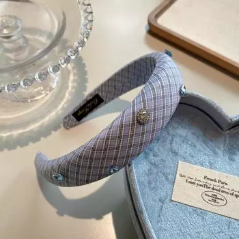 Тканевая губчатая повязка на голову в синюю клетку, стильная и универсальная повязка для прогулок, заколка для волос с диагональной полоской для высокого лба