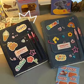 Тканевая обложка из денима, блокнот, справочник, ретро-блокнот, декоративный блокнот для записей, подарок для девочек темно-синий