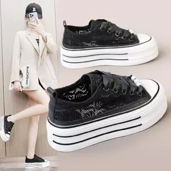 Тканевая обувь, женская полая дышащая обувь, сетчатая обувь, сетчатая обувь, корейская версия увеличивающей рост повседневной обуви 35 чёрный