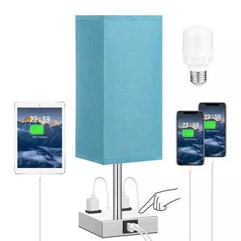 Тканевая прикроватная настольная лампа Настольная лампа с теплой белой светодиодной лампой Настольный светильник с сенсорным управлением USB A синий