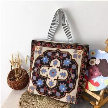 Тканевая сумка с вышивкой цветов, большая вместимость, сумка через плечо с животными, портативная сумка в этническом стиле, для девочек A