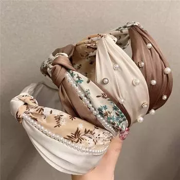 Тканевая заколка для волос с широким краем, запрессованная повязка для волос с цветочным принтом и перекрестием, ретро жемчужная повязка для волос, женская корейская повязка на голову, женский аксессуар для волос