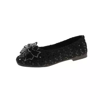 Тканевые балетки Летние Новые Квадратный носок Мелкий вырез Пайетки Кружево Бант-бабочка Мягкая подошва Нескользящие Большой размер Низкие туфли 35 чёрный