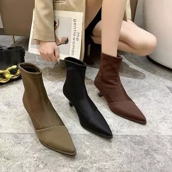 Тканевые теплые ботинки челси женские новые зимние модные эластичные носки на тонком каблуке повседневная обувь замшевые ботинки с острым носком 35