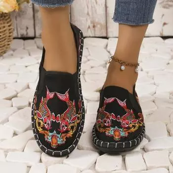 Тканевые туфли без шнуровки с круглой головкой и глубоким вырезом, новые осенние нескользящие туфли с парусом на мягкой подошве и вышивкой 36 чёрный