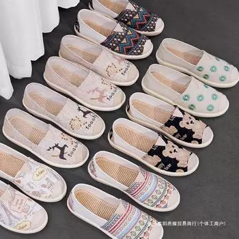 Тканевые туфли женские 2024 новые однопедальные льняные нескользящие старые пекинские мягкие подошвы для вождения ленивые летние парусиновые туфли для рыбалки 35