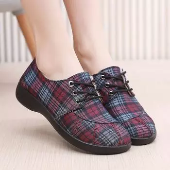Тканевые туфли Женские удобные туфли на плоской подошве Клетчатые парусиновые туфли на шнуровке Обувь для женщин среднего и пожилого возраста 36 красный