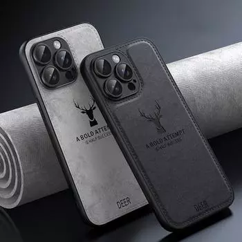Тканевый кожаный чехол с рисунком оленя для iphone 15 14 13 12 11 Pro X XR XS Max 7 8 Plus, противоударный мягкий чехол на заднюю панель For iPhone 15 чёрный