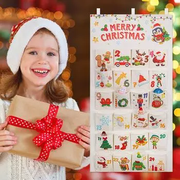 Тканевый рождественский адвент-календарь, рождественские настенные украшения, многоразовые настенные украшения с 24 карманами для праздничного домашнего декора 1pc