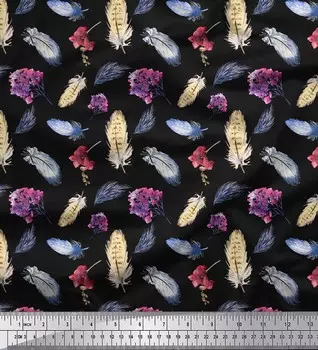 Ткани для рукоделия Soimoi черного японского креп-сатина с перьями и цветочным принтом в ярдах 42 дюйма 42 Inch Wide - Poly Crepe чёрный