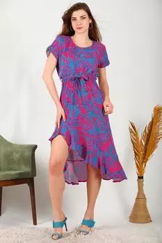 Тканое вискозное длинное женское платье спереди с короткой спинкой