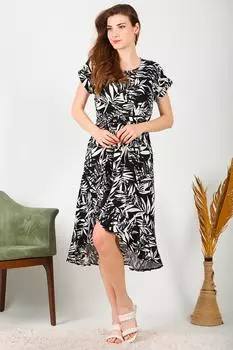 Тканое вискозное длинное женское платье спереди с короткой спинкой