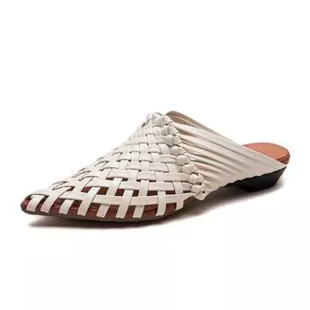 Тканые кожаные остроносые мюли Летние туфли-лодочки без застежек для женщин 35 бежевый