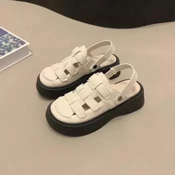 Тканые полые тапочки из двух предметов одежды женские новые летние модные пряжки для ношения сандалии на толстой подошве 35