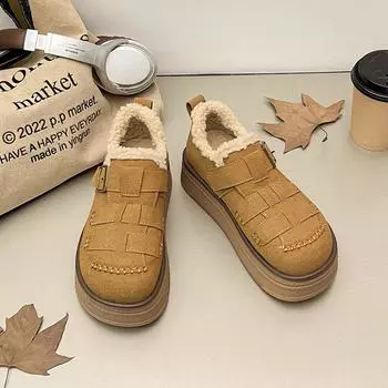 Тканые ретро-сапоги-маффины на толстой подошве, короткие, зимние, 2024, бархатные, универсальные, с пряжкой, хлопковые туфли 35 жёлтый