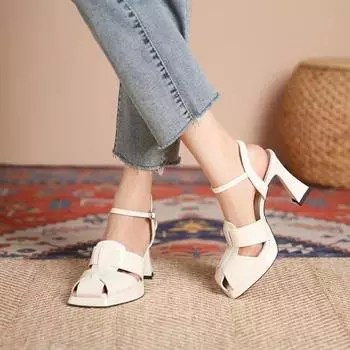 Тканые сандалии с изображением головы мешка Туфли в клетку для свиньи Римские одинарные туфли Модные полые туфли на шпильках Летняя женская обувь 34 абрикосовый