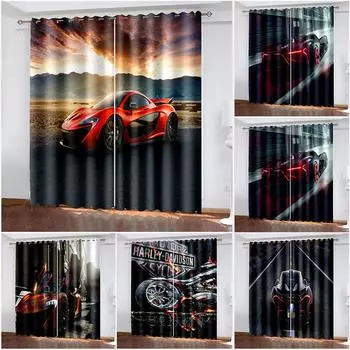 Тканые шторы с принтом спортивных автомобилей, затемняющие шторы для спальни с двумя независимыми шторами слева и справа 132cmx160cm