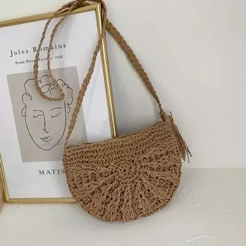 Тканые сумки через плечо в форме полумесяца, богемная соломенная сумка на плечо ручной работы, кошелек 27*19*2cm бежевый