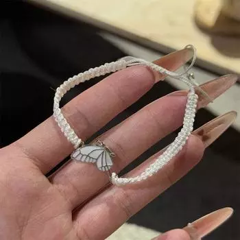 Тканый браслет с бабочкой Черно-белый Парный Подруги Ремешок Нишевый Универсальный Регулируемый Браслет Милый Инстаграмный Стиль Ручные украшения Woven butterfly: White + white [2] bag