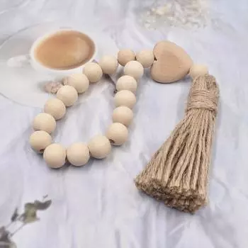 Тканый кулон с кисточками из бисера, сердце, узел, цвет бревна, настенная подвеска из пеньковой веревки, украшение для дома, гирлянда, деревенская деревянная бусина 28cm