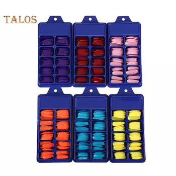 TNC 100 шт./компл. наклейки для накладных ногтей с полным покрытием, длинный гроб, искусственный маникюр синий