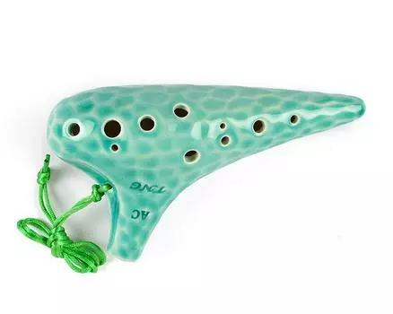 TNG Ocarina Instrument [Alto/C/AC / 12 Holes / Emerald] (with Strap) Glazed Finish Ocean Wave Pattern