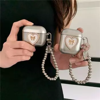 to Apple 1/2 Generation Pearl Bracelet Protective Cover 3 Generation Pro2 Drop-Resistant Soft Box Advanced Niche Style 5 Generation Airpods4 Apple Airpods Pro Plating Heart Bows + bracelet