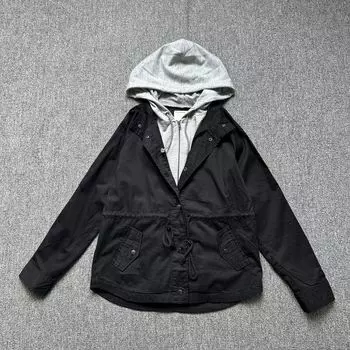 to Europe and America Single Cotton Trench coat Women Hood Double Placket Waist Hugging Slimming Single Layer 100 Cotton Casual All-matching Outerwear Black Cotton Double Placket Tight Waist Coat XS