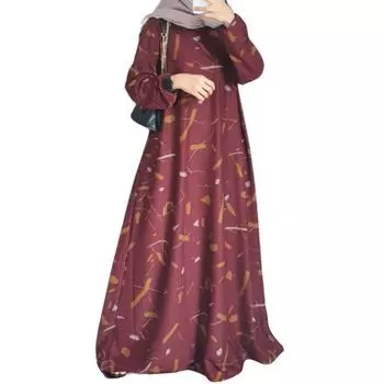 Точечное трансграничное новое платье с принтом в ближневосточном мусульманском малайском стиле, с длинным рукавом и круглым вырезом 4XL вино красного