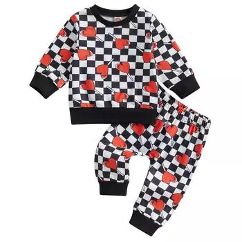 Toddler Baby Boys Valentine s Day Outfits Plaid Love Heart Pattern Long Sleeve Crew Neck Sweatshirts with Pants 2 Pcs Set 2-3 Years чёрный