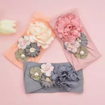 Широкая повязка на голову с цветком из искусственного жемчуга для маленьких девочек, головной убор, аксессуар для волос темно серый