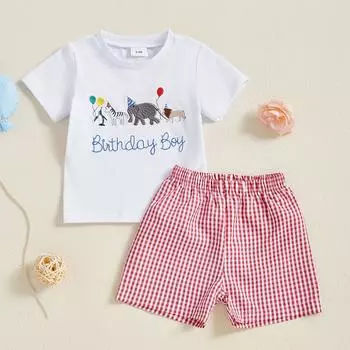 Toddler Boy Birthday Clothes Letter Animal Print Short Sleeves Round Neck Tops with Plaid Shorts 2 Pcs Outfit 12-18 Months белый
