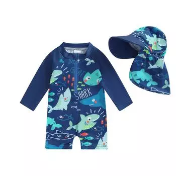 Toddler Boy Rash Guard Swimsuit with Hat 2 Pcs Set Fish Shark Pattern Zip Up Long Sleeve Crew Neck Baby Boy Swimwears 0-3 Months синий