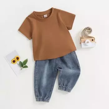 Toddler Boys 2PCS T-shirt Pants Sets Solid Color Short Sleeve Tops and Blue Jeans Sets Summer Outfit 6-12 Months кофейный