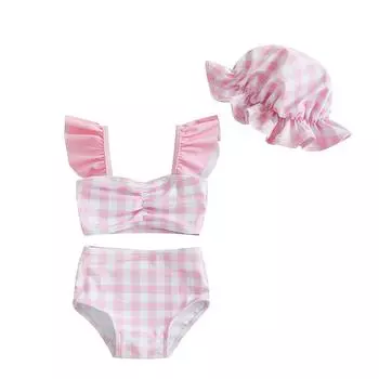Toddler Girl Bikini Set Swimsuit Plaid Print Flutter Sleeves Tank Tops with Shorts and Hat Bathing Suit 3 Pcs Beachwear 0-6 Months розовый