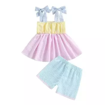 Летняя одежда для девочек в полоску с завязками на бретельках, топы + шорты с эластичным поясом, комплект из 2 предметов розовый