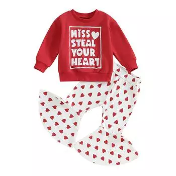 Toddler Girls Valentine s Day Sets Red Long Sleeve Letter Print Sweatshirt Heart Print Pants Sets 0-6 Months красный