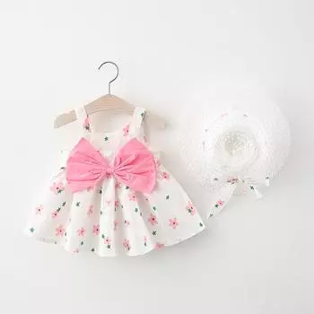 Toddler Kid Printed Bow Princess Dress+Hat Outfits Set Clothes 90-9/10 белый