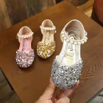 Toddler Kids Baby Girls Pearls Bling Sequins Bowknot Princess Shoes Sandals 21 золотой