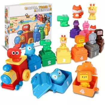 Toddler Learning Toy for Infants Aged 18 Months, Cognitive Dinosaur Number Train Learning Toy, Soft Gel Dinosaur Finger Puppets,Christmas Gifts Animal train set