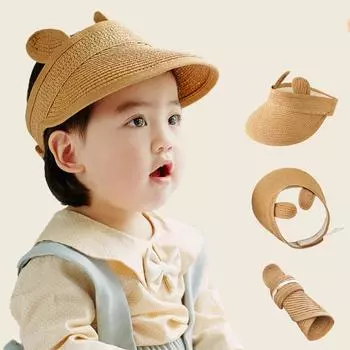 Toddler Summer Sunscreen Hat Breathable Adjustable Straw Visor Cap Beach Outdoor Cap Cute Cartoon Rabbit Ear Empty Top Hat хаки