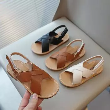 Toddlers Boys Girls Sandals Summer Children Beach Shoes Kids Fashion Sandals Cross-tied Anti-sliperry Soft Simple 2024 New 21-35 21 бежевый